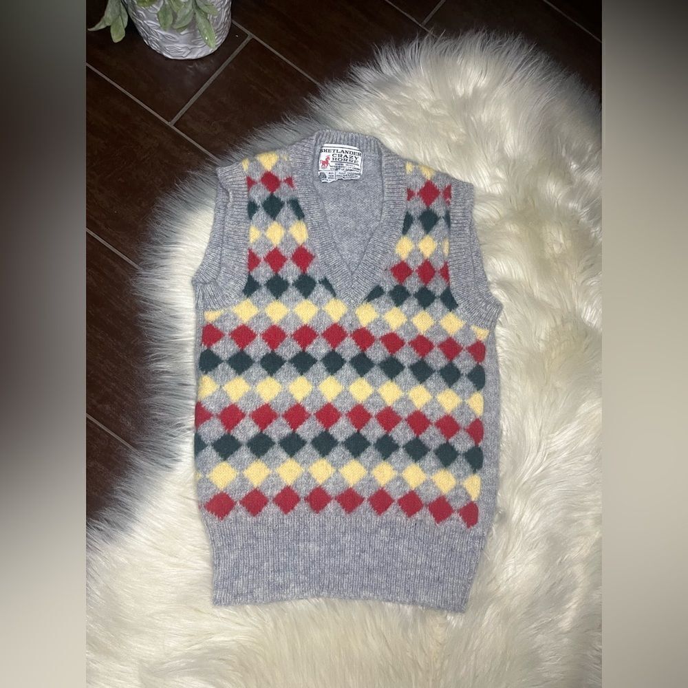 Shetlander Crazy Horse vintage Wool grey/multicolored sleeveless vest sz XS